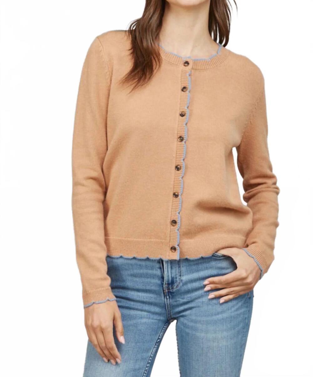 NEW FATE BY LFD garett scallop edge cardigan sweater in tan/ blue